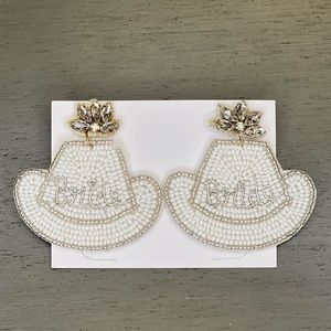 Bride White Silver Cowboy Hat Bachelorette Rhineston Wedding Bead 2.25” Earrings